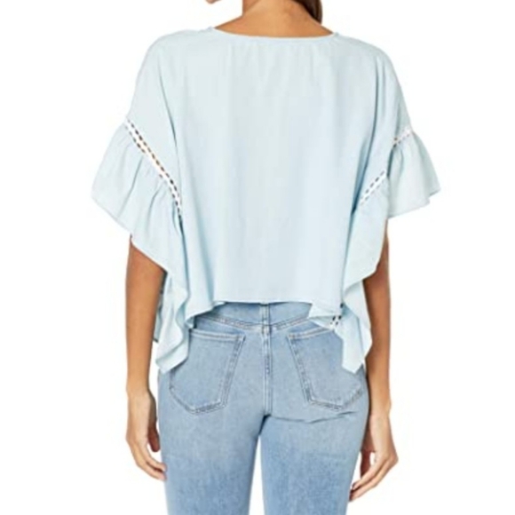 BCBGeneration Top Cropped Ruffled Short Sleeve White Eyelet Chambray Blue L NWT - Picture 8 of 16